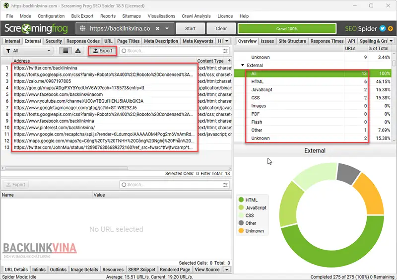 Bạn có thể tải file báo cáo các External Link của trang web về máy bằng cách nhấp vào "Export"